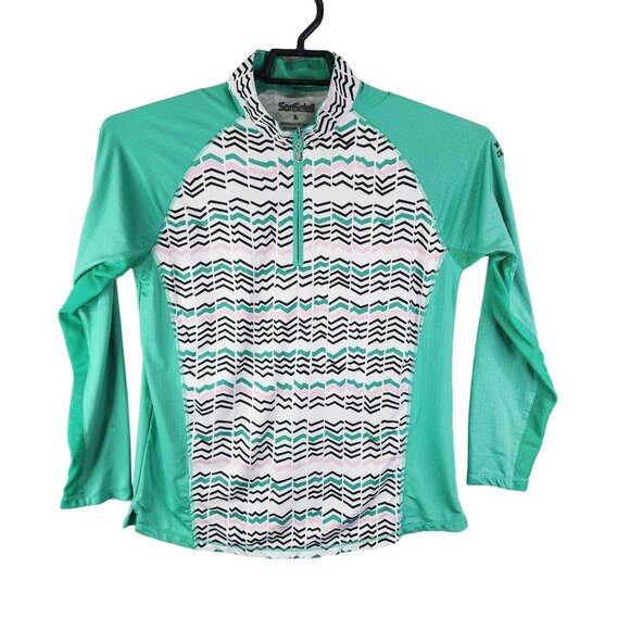 Womens SanSoleil Golf Shirt UPF 50 Green & White 1/4 Zip Long Sleeve Size L - Picture 1 of 13